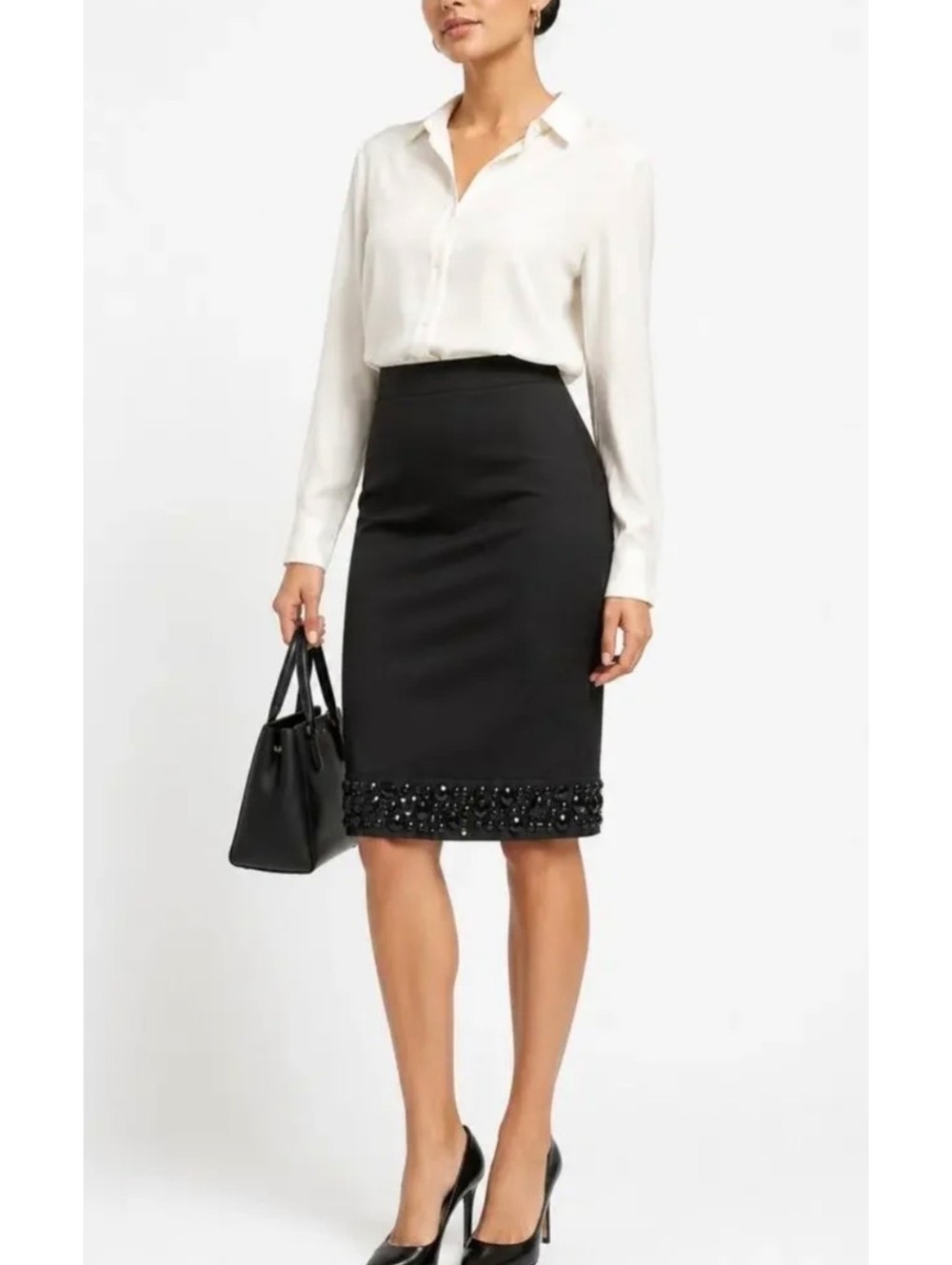 White House Black Market Black Beaded Pencil Skirt Jeweled Hem Office Siren Sz 4